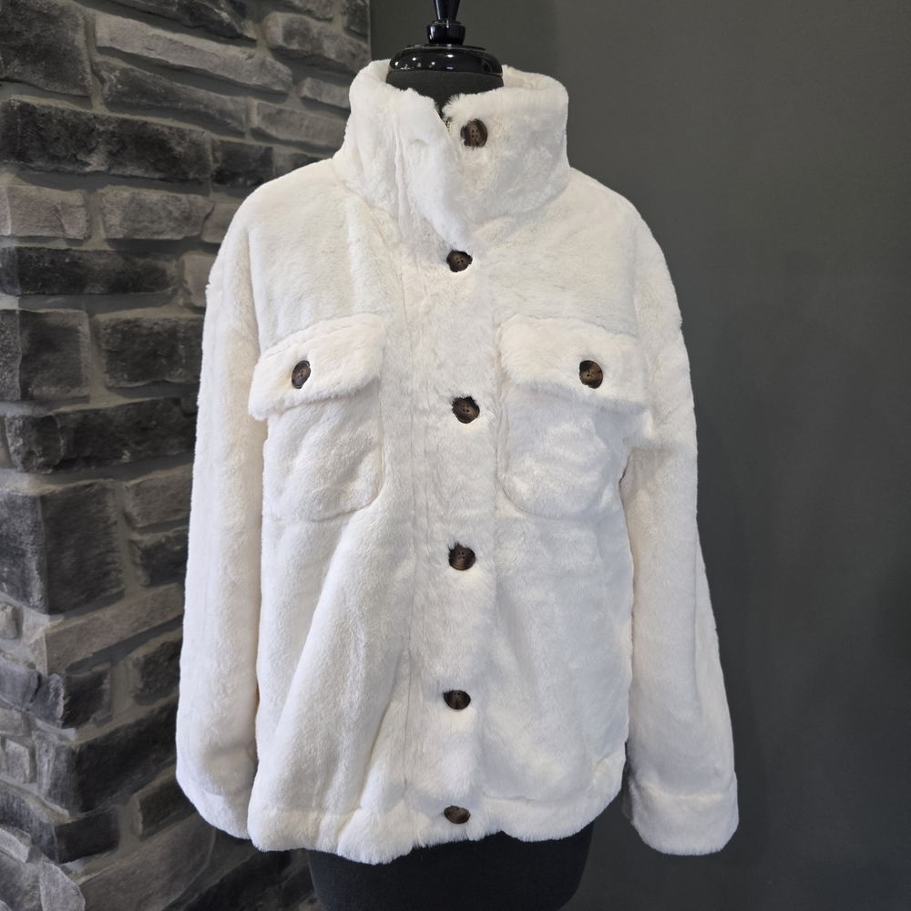 Time and Tru Cream Plush Button-Front Bomber Jacket